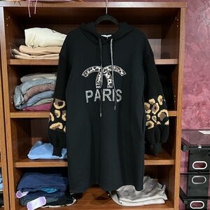 Black Paris Hoodie Dress with Leopard Print Sleeves
